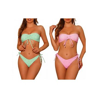 2 Sets Women's Floral Print Bandeau Bikini Sets, Tie Side Triangle Bottoms Swimwear Bathing Suits