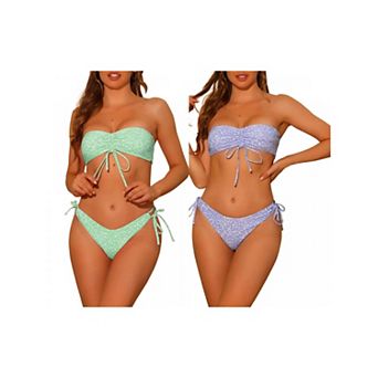 2 Sets Women's Floral Print Bandeau Bikini Sets, Tie Side Triangle Bottoms Swimwear Bathing Suits