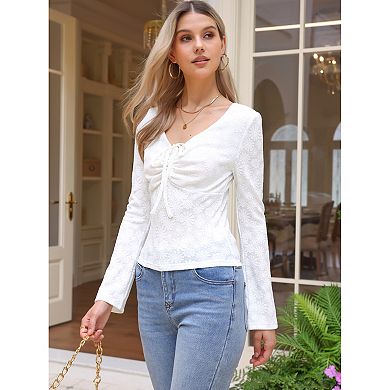 Drawstring Ruched Top for Women's Floral Printed V Neck Long Sleeve Slim Fit Shirt