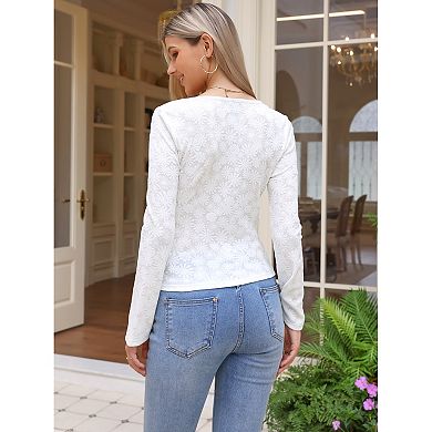 Drawstring Ruched Top for Women's Floral Printed V Neck Long Sleeve Slim Fit Shirt