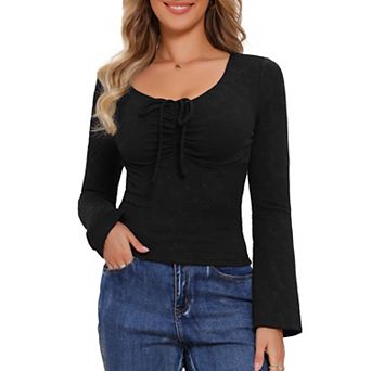 Drawstring Ruched Top for Women's Floral Printed V Neck Long Sleeve Slim Fit Shirt