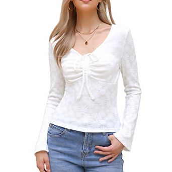 Drawstring Ruched Top for Women's Floral Printed V Neck Long Sleeve Slim Fit Shirt