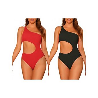 2 pc Women's One Piece One Shoulder Swimsuit, Asymmetric Waist Cutout Solid Swimwear Bathing Suit