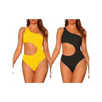 2 pc Women's One Piece One Shoulder Swimsuit, Asymmetric Waist Cutout Solid Swimwear Bathing Suit
