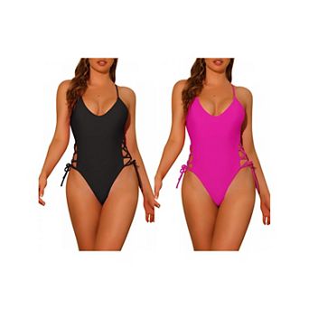 2 pc Women's One Piece Swimsuits Lace Up Criss Cross Bathing Suits Plunge Side Tie Strappy Swimwear