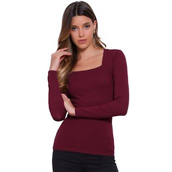 Square Neck Tops for Women's Long Sleeve Shirts Casual Top Fall Fashion Clothes Basic Tee Shirt