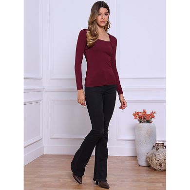 Square Neck Tops for Women's Long Sleeve Shirts Casual Top Fall Fashion Clothes Basic Tee Shirt