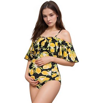 Women's Lemon Print Maternity Swimsuit with Ruffle Overlay and Adjustable Spaghetti Straps
