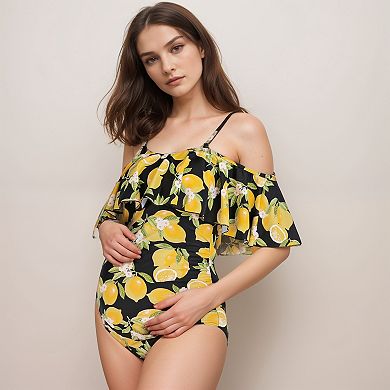 Women's Lemon Print Maternity Swimsuit with Ruffle Overlay and Adjustable Spaghetti Straps