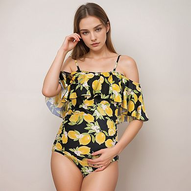 Women's Lemon Print Maternity Swimsuit with Ruffle Overlay and Adjustable Spaghetti Straps