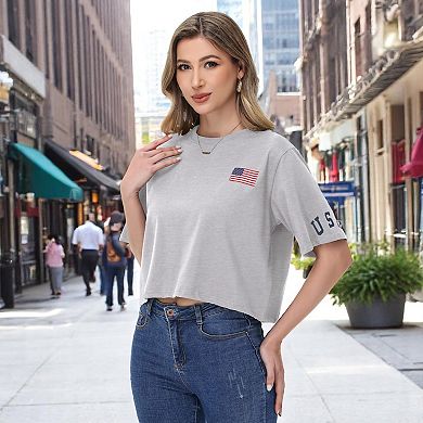 Women's Cropped Flag Graphic Tee with Short Sleeves and Crew Neckline
