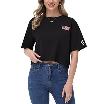 Women's Cropped Flag Graphic Tee with Short Sleeves and Crew Neckline