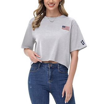 Women's Cropped Flag Graphic Tee with Short Sleeves and Crew Neckline