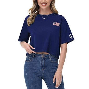Women's Cropped Flag Graphic Tee with Short Sleeves and Crew Neckline