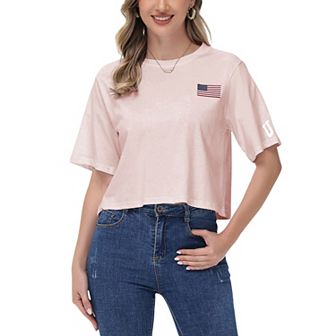 Women's Cropped Flag Graphic Tee with Short Sleeves and Crew Neckline
