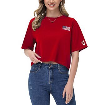 Women's Cropped Flag Graphic Tee with Short Sleeves and Crew Neckline