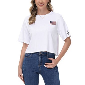 Women's Cropped Flag Graphic Tee with Short Sleeves and Crew Neckline