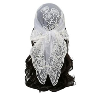 Women's Sheer Lace Neck Scarf with Embroidered Rose Floral Edging and Scalloped Trim Detail