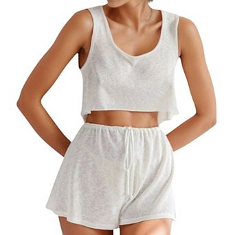 Women's Soft Lounge Pajama Set with Sleeveless Crop Tank and Drawstring Shorts