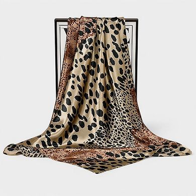 Women's Square Satin Scarf with Mixed Animal Print Pattern and Lightweight Silky Texture