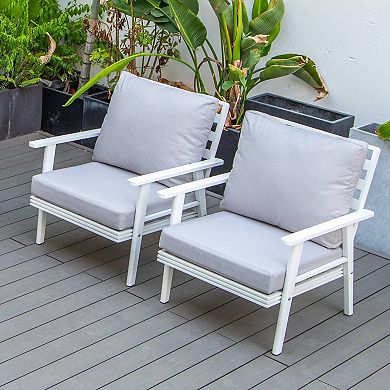 Leisuremod Walbrooke Outdoor Patio White Aluminum Armchairs With Cushions Set Of 2