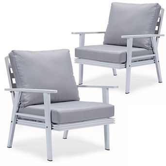 Leisuremod Walbrooke Outdoor Patio White Aluminum Armchairs With Cushions Set Of 2