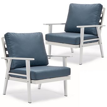 Leisuremod Walbrooke Outdoor Patio White Aluminum Armchairs With Cushions Set Of 2