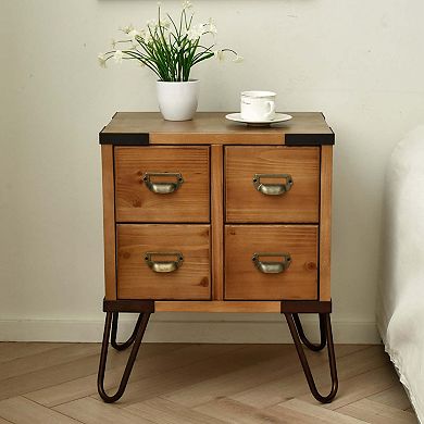eHemco Antique Style 4-Drawer Storage End Table Side Table with Metal Hairpin Legs