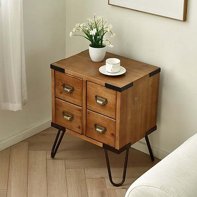 eHemco Antique Style 4-Drawer Storage End Table Side Table with Metal Hairpin Legs