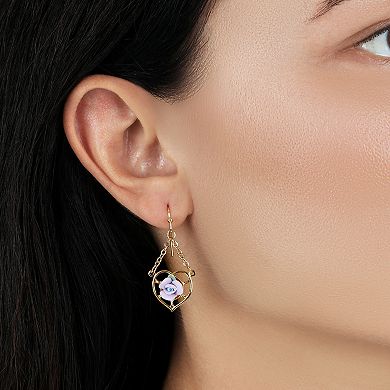 1928 Gold Tone Heart Porcelain Rose Earrings