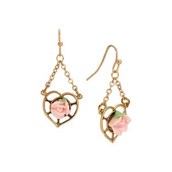1928 Gold Tone Heart Porcelain Rose Earrings