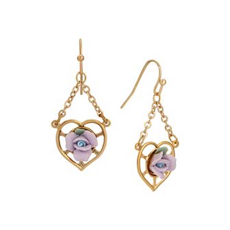 1928 Gold Tone Heart Porcelain Rose Earrings