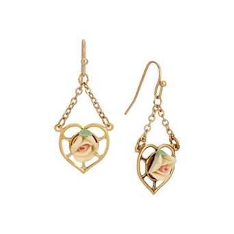 1928 Gold Tone Heart Porcelain Rose Earrings