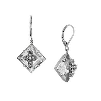 1928 Silver Tone Square Crystal Cross Leverback Earrings