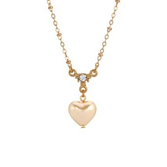 1928 Gold Tone Heart Crystal Pendant Necklace