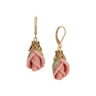 1928 Gold Tone Porcelain Rose Bud Earrings