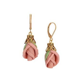 1928 Gold Tone Porcelain Rose Bud Earrings
