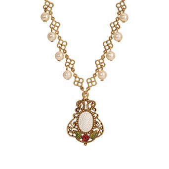 1928 Gold Tone Simulated Pearl & Red Rose Pendant Necklace