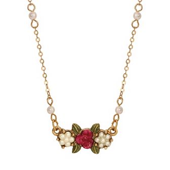 1928 Gold Tone Simulated Pearl & Red Rose Pendant Necklace
