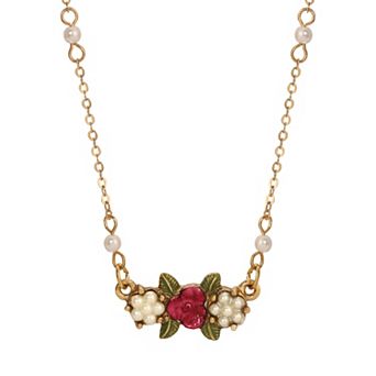 1928 Gold Tone Simulated Pearl & Red Rose Pendant Necklace