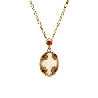 1928 Gold Tone Simulated Pearl Bead Oval Rose Pendant Necklace