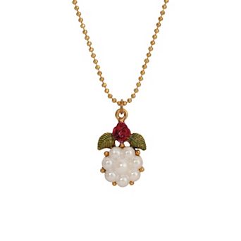 1928 Gold Tone Simulated Pearl Bead Rose Pendant Necklace