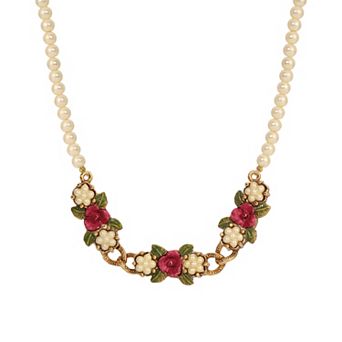 1928 Gold Tone Simulated Pearl Rose Collar Necklace