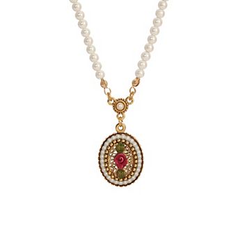 1928 Gold Tone Simulated Pearl & Rose Filigree Pendant Necklace