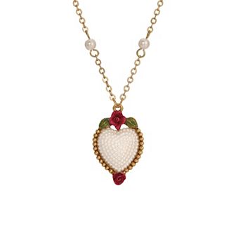 1928 Gold Tone Simulated Pearl Heart Pendant Necklace