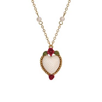 1928 Gold Tone Simulated Pearl Heart Pendant Necklace