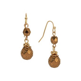 1928 Gold Tone Round Bead Drop Wire Earrings