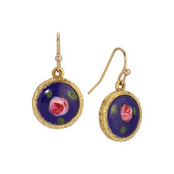 1928 Gold Tone Flower Enamel Drop Earrings