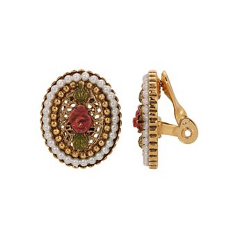 1928 Gold Tone Simulated Pearl Oval Clip-On Earrings