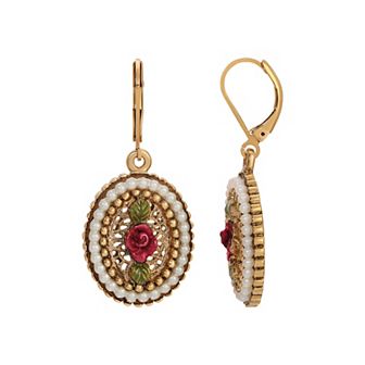 1928 Gold Tone Simulated Pearl Oval Drop Earrings